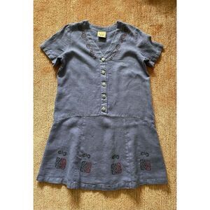 Vintage Blue Cactus Linen Dress Made in USA Boho Painted Print Drop Waist M/L